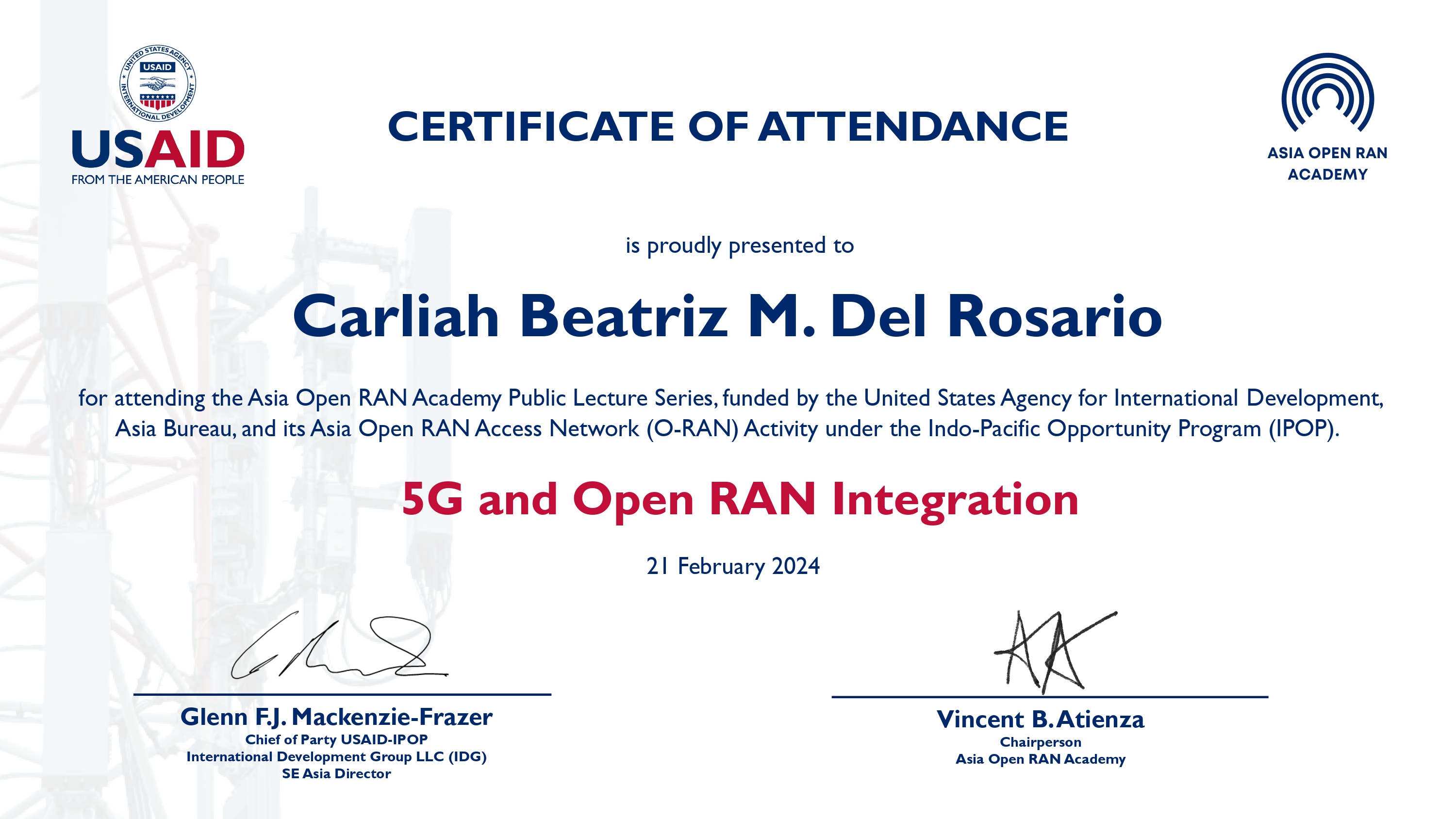 Certificate of 5G and Open RAN Integration from ASIA OPEN RAN ACADEMY: CERTIFICATE OF PARTICIPATION