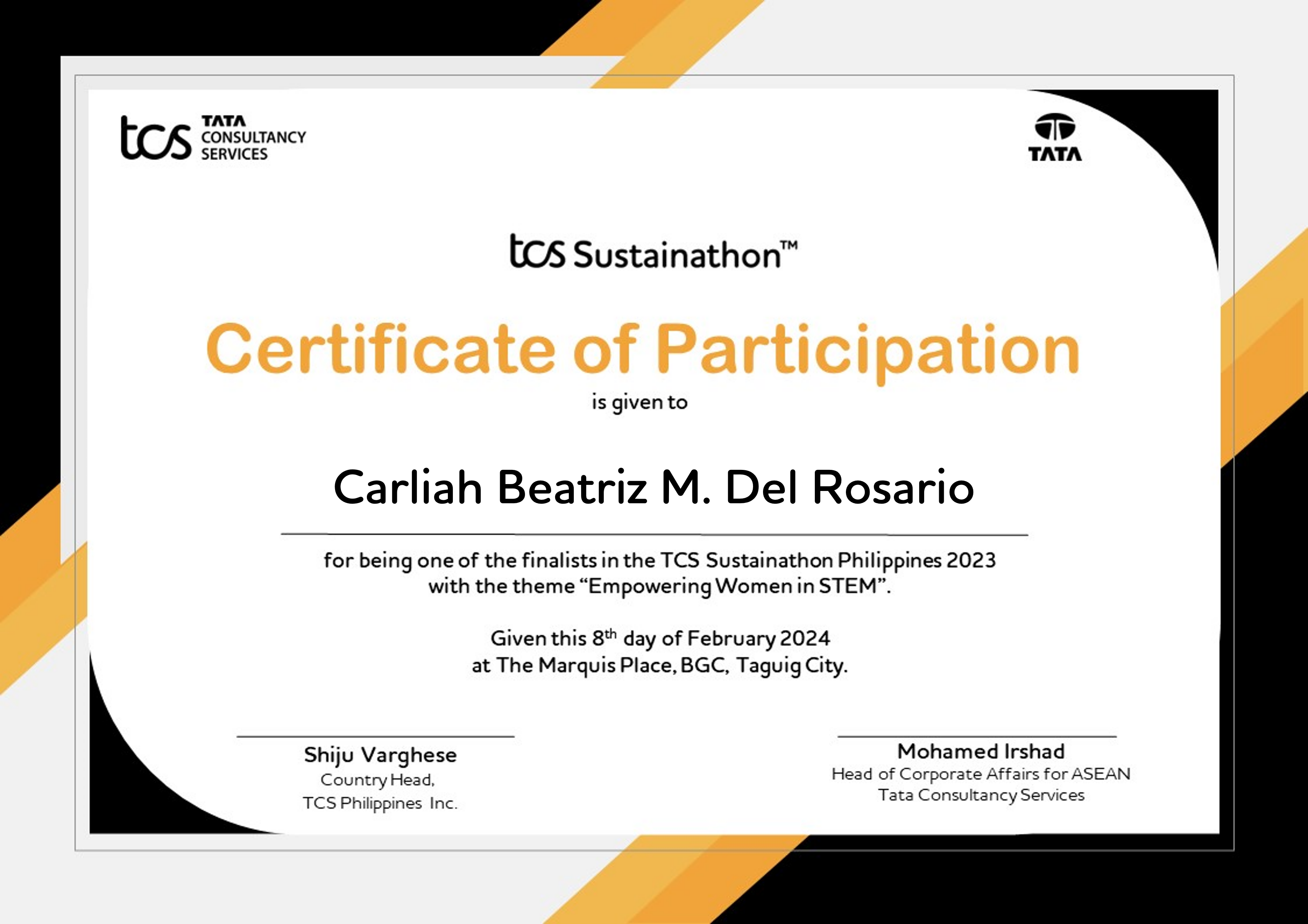 Certificate of TCS SUSTAINATHON PHILIPPINES 2023 from tcs Sustainathon