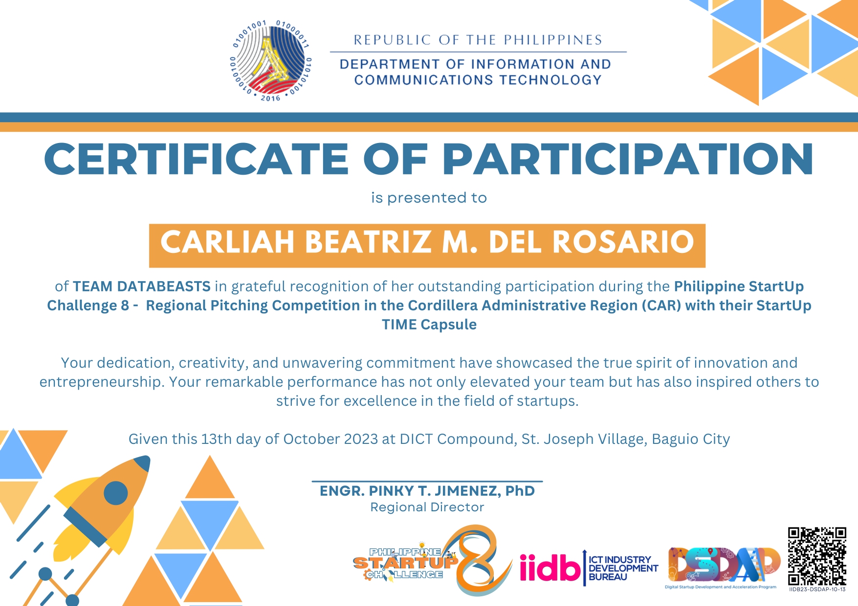 Certificate of Philippine StartUp Challenge 8 - Regional Pitching Competition in the Cordillera Administrative Region (CAR) from DICT Philippine StartUp Challenge