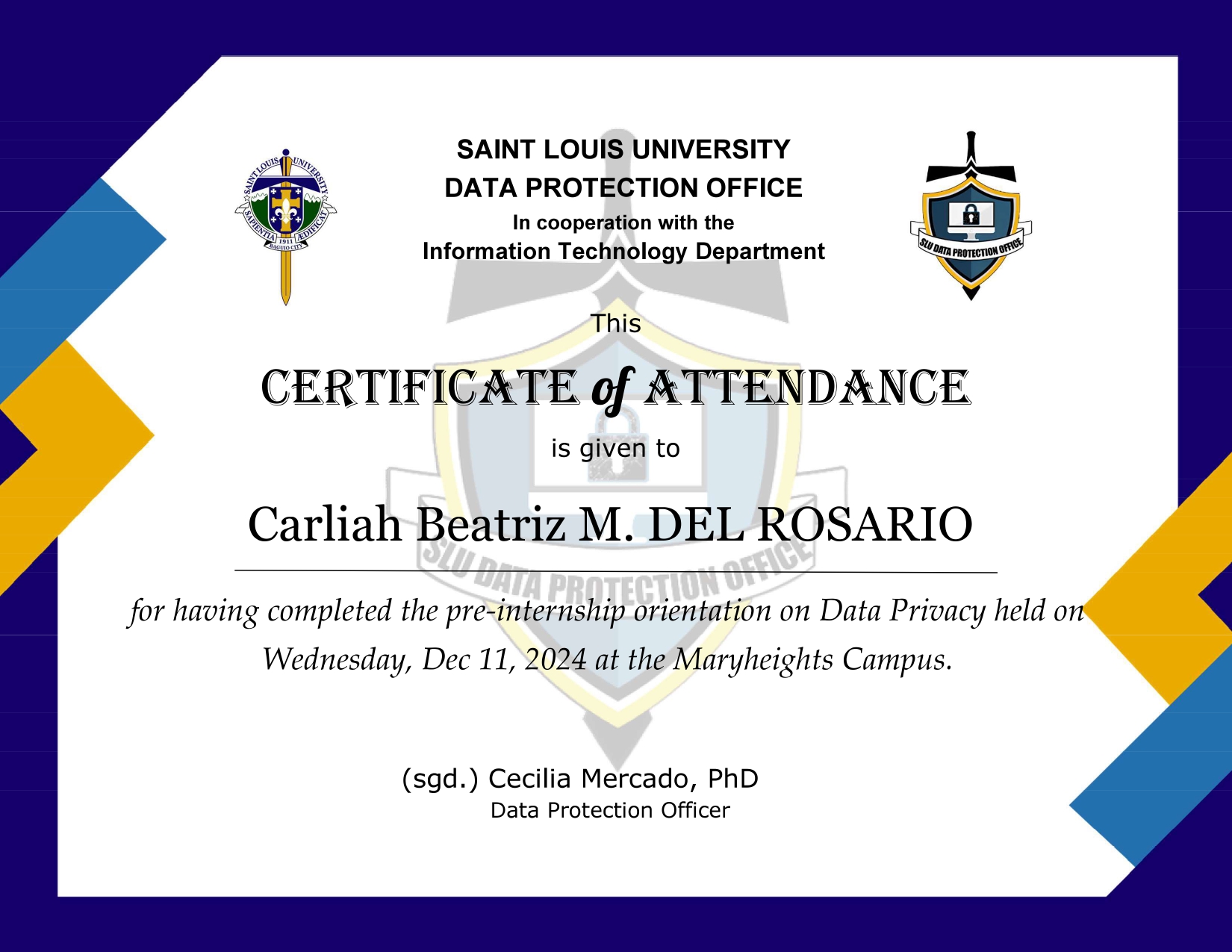 Certificate of Certificate of Attendance from DATA PRIVACY ORIENTATION