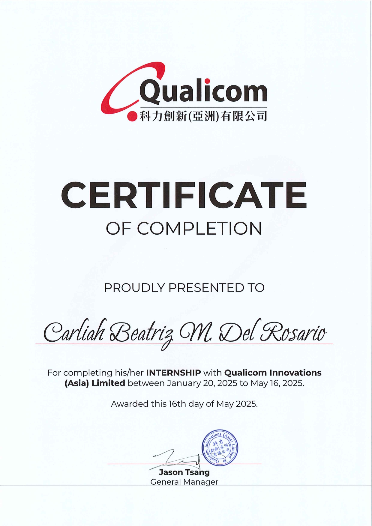 Certificate of Certificate of Completion from INTERNSHIP